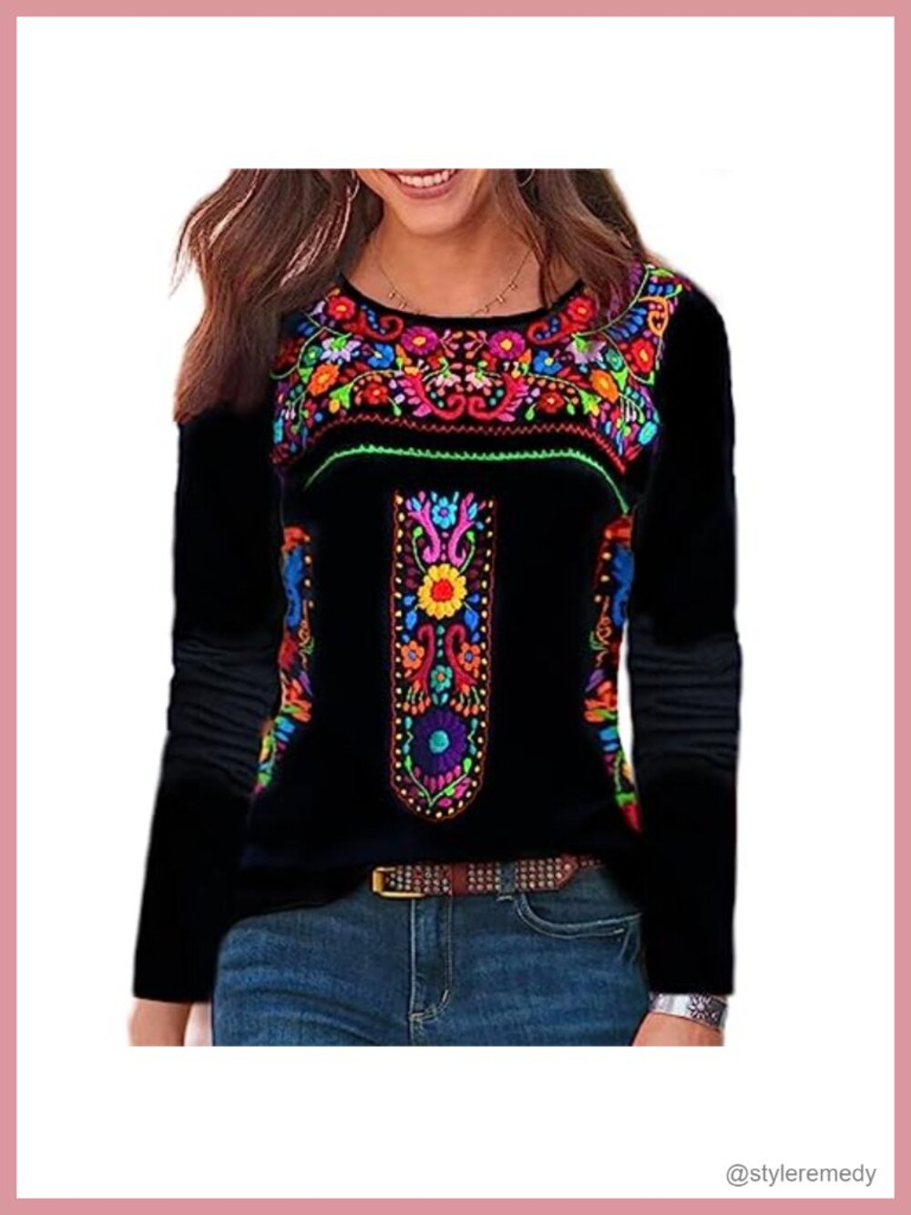 Women's Floral Embroidered Long Sleeve Peasant Blouse Boho T-Shirt